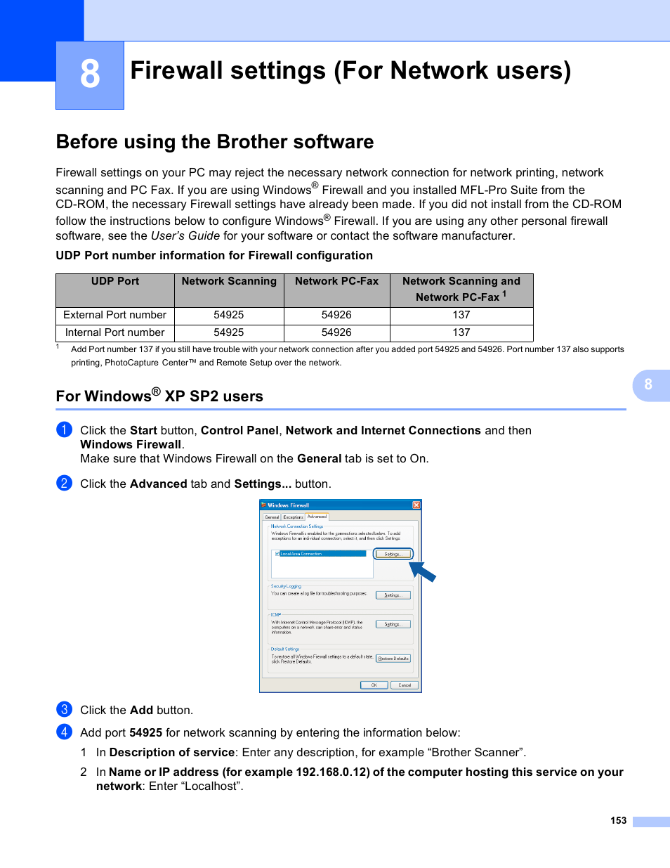 8 firewall settings (for network users), Before using the brother software, For windows® xp sp2 users | Firewall settings (for network users), For windows, Xp sp2 users | Brother MFC-5895CW User Manual | Page 161 / 269