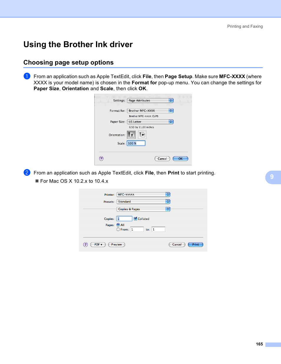 Using the brother ink driver, Choosing page setup options | Brother MFC-5895CW User Manual | Page 173 / 269