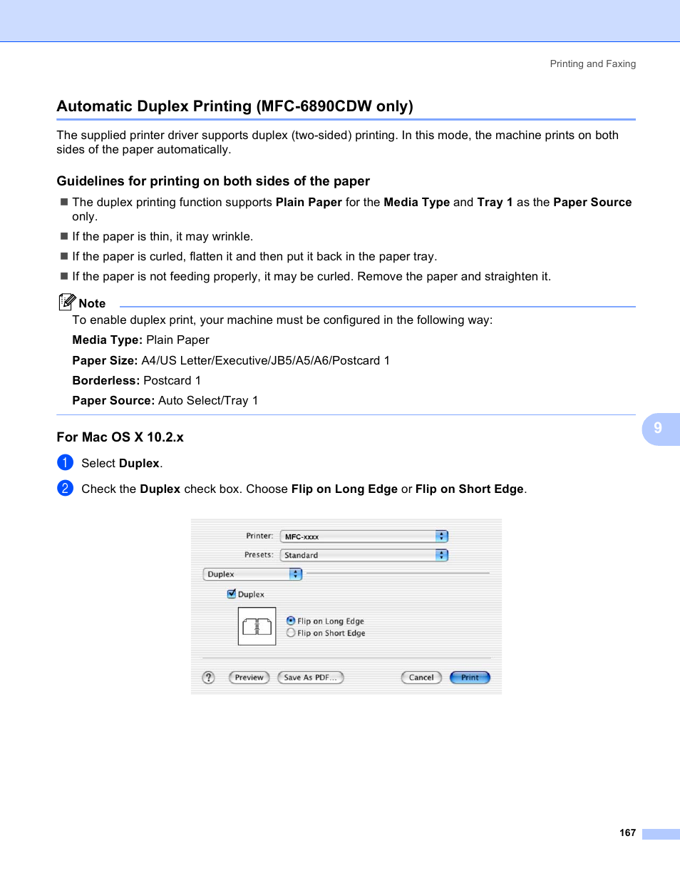 Automatic duplex printing (mfc-6890cdw only), Guidelines for printing on both sides of the paper, For mac os x 10.2.x | Brother MFC-5895CW User Manual | Page 175 / 269