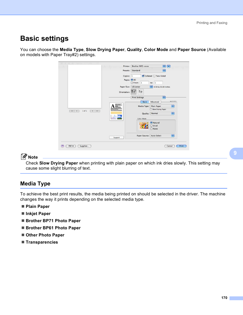 Basic settings, Media type | Brother MFC-5895CW User Manual | Page 178 / 269
