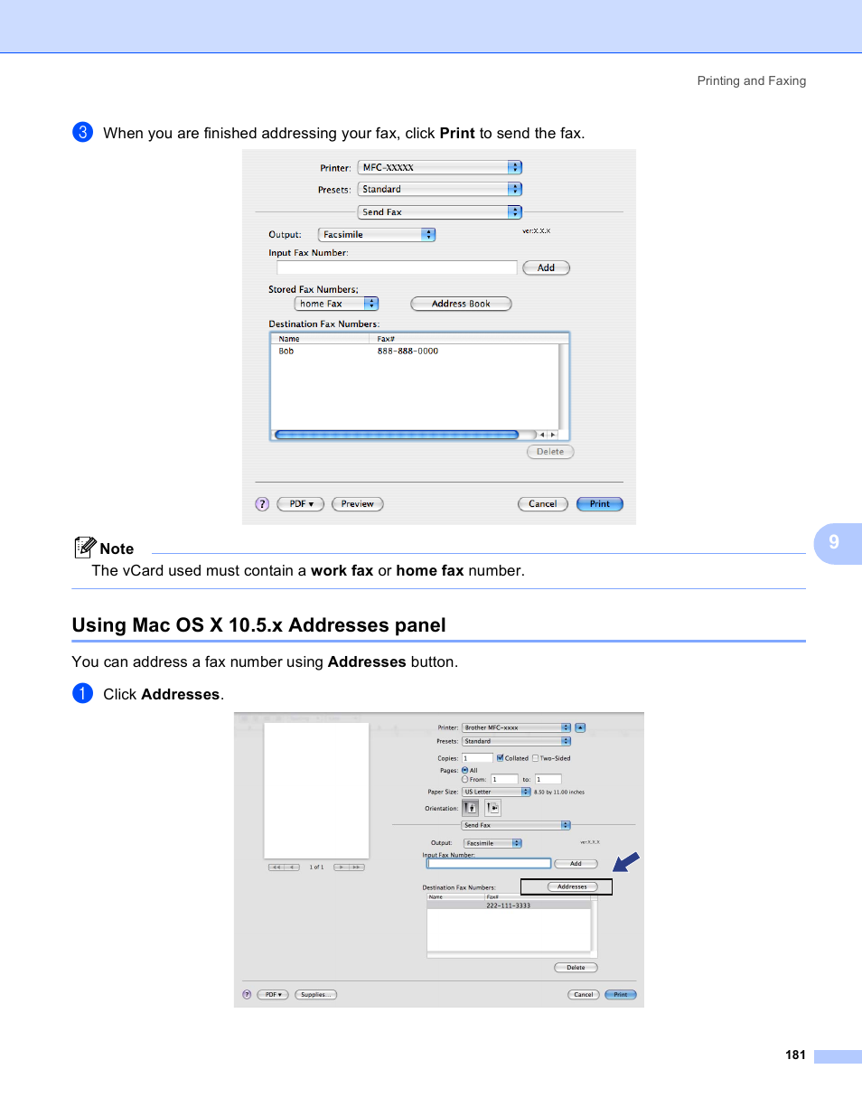 Using mac os x 10.5.x addresses panel | Brother MFC-5895CW User Manual | Page 189 / 269