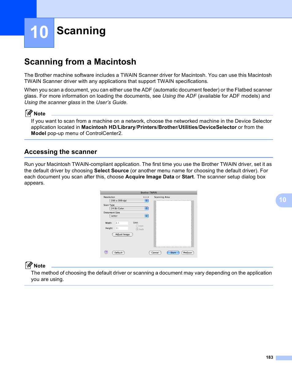 10 scanning, Scanning from a macintosh, Accessing the scanner | Scanning | Brother MFC-5895CW User Manual | Page 191 / 269