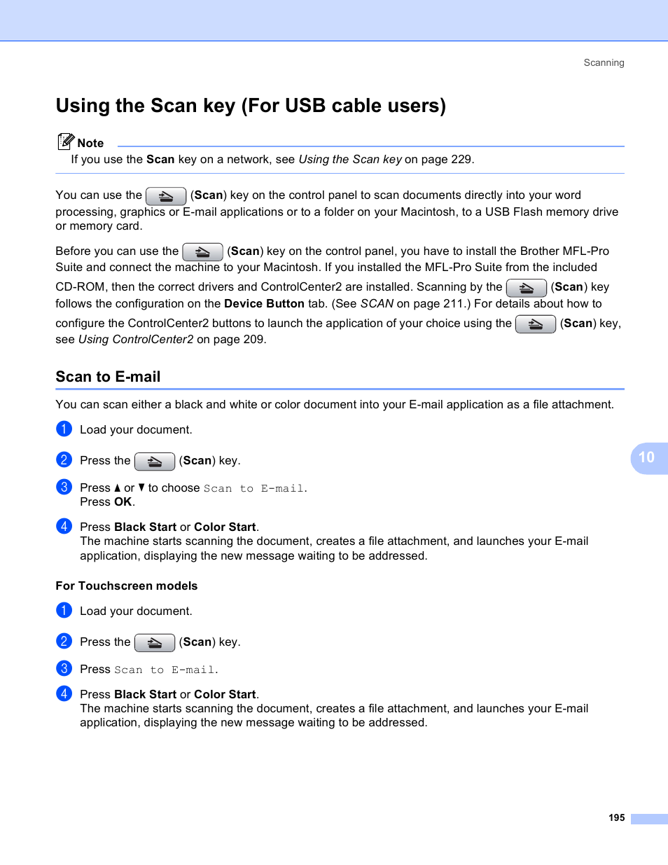 Using the scan key (for usb cable users), Scan to e-mail | Brother MFC-5895CW User Manual | Page 203 / 269