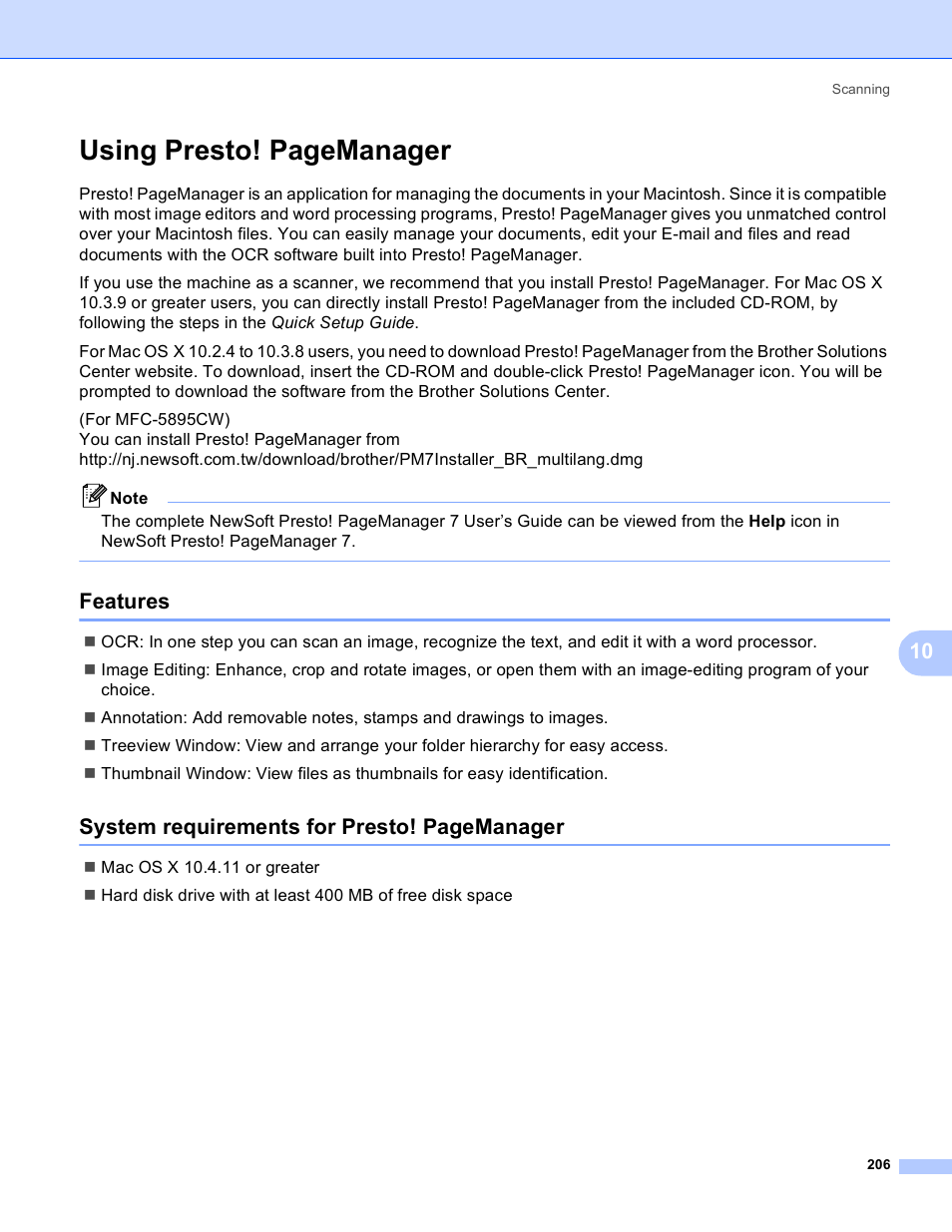 Features, Using presto! pagemanager, System requirements for presto! pagemanager | Brother MFC-5895CW User Manual | Page 214 / 269
