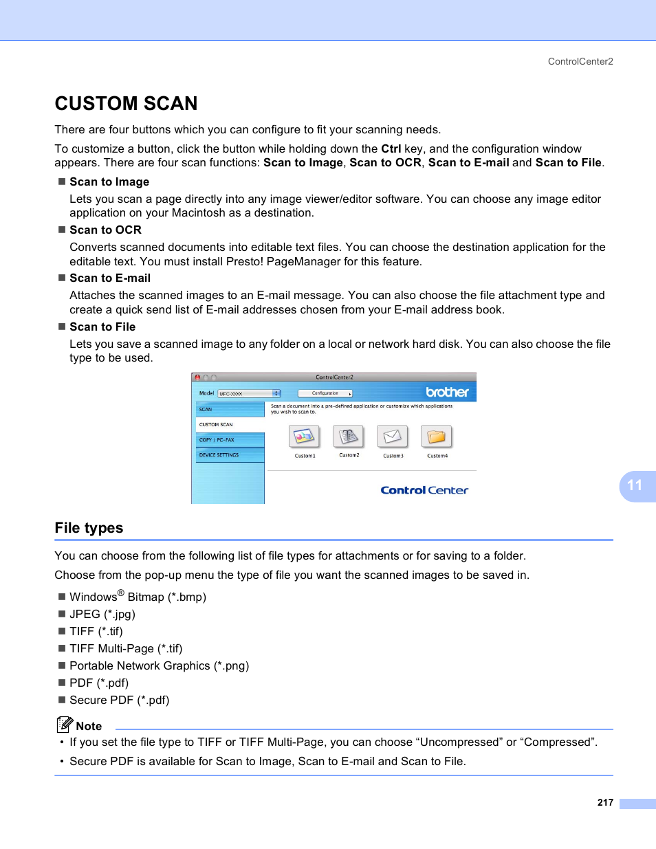 Custom scan, File types | Brother MFC-5895CW User Manual | Page 225 / 269