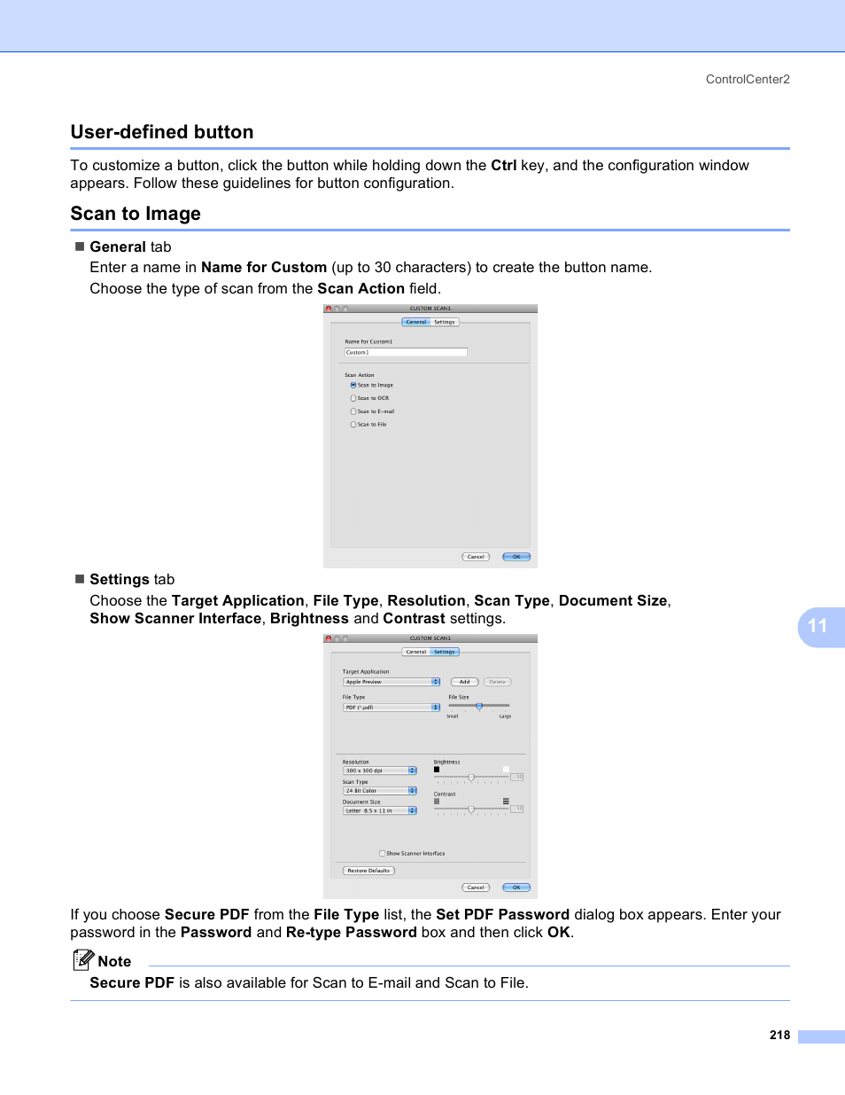 User-defined button, Scan to image, User-defined button scan to image | 11 user-defined button | Brother MFC-5895CW User Manual | Page 226 / 269