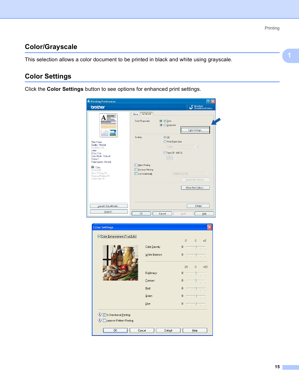 Color/grayscale, Color settings, Color/grayscale color settings | 1color/grayscale | Brother MFC-5895CW User Manual | Page 23 / 269