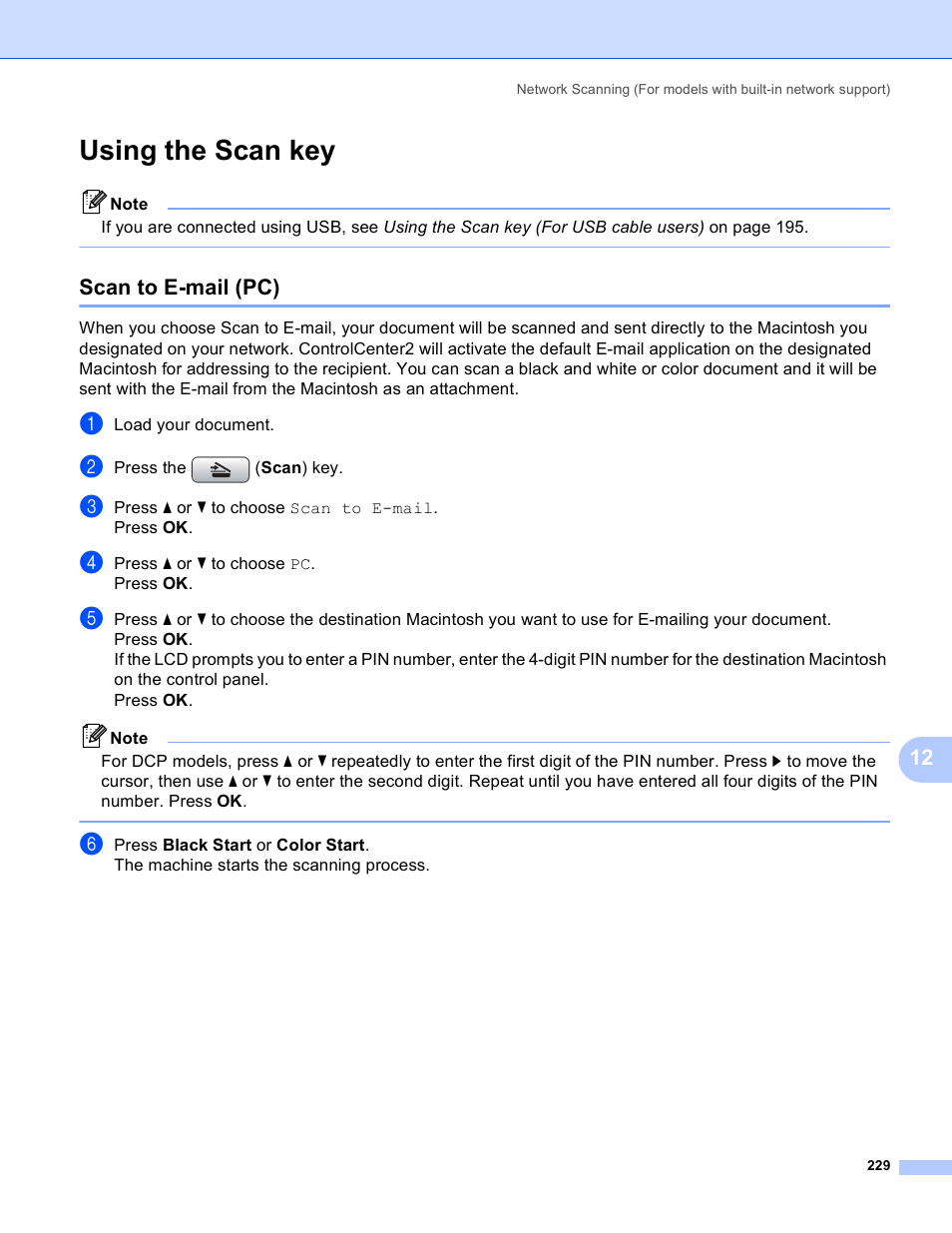 Using the scan key, Scan to e-mail (pc) | Brother MFC-5895CW User Manual | Page 237 / 269