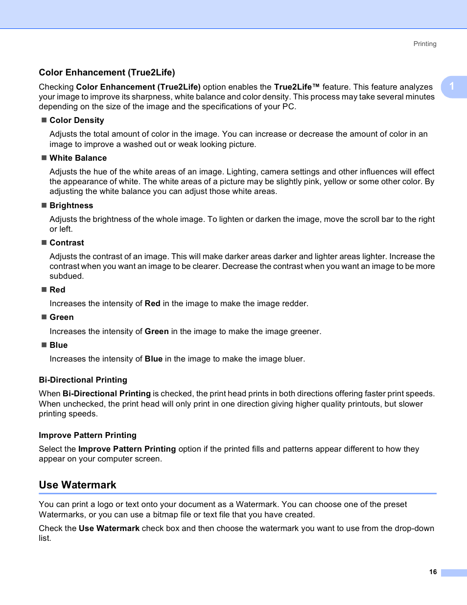Color enhancement (true2life), Use watermark | Brother MFC-5895CW User Manual | Page 24 / 269