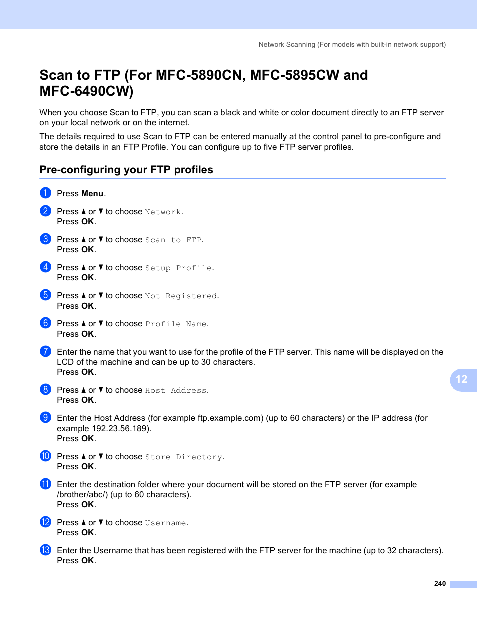 Pre-configuring your ftp profiles | Brother MFC-5895CW User Manual | Page 248 / 269