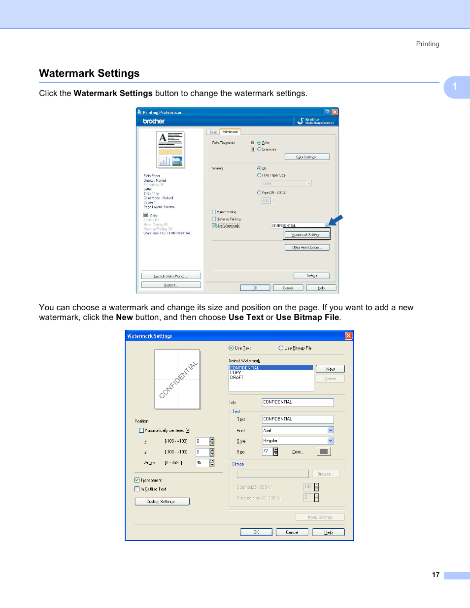 Watermark settings, 1watermark settings | Brother MFC-5895CW User Manual | Page 25 / 269