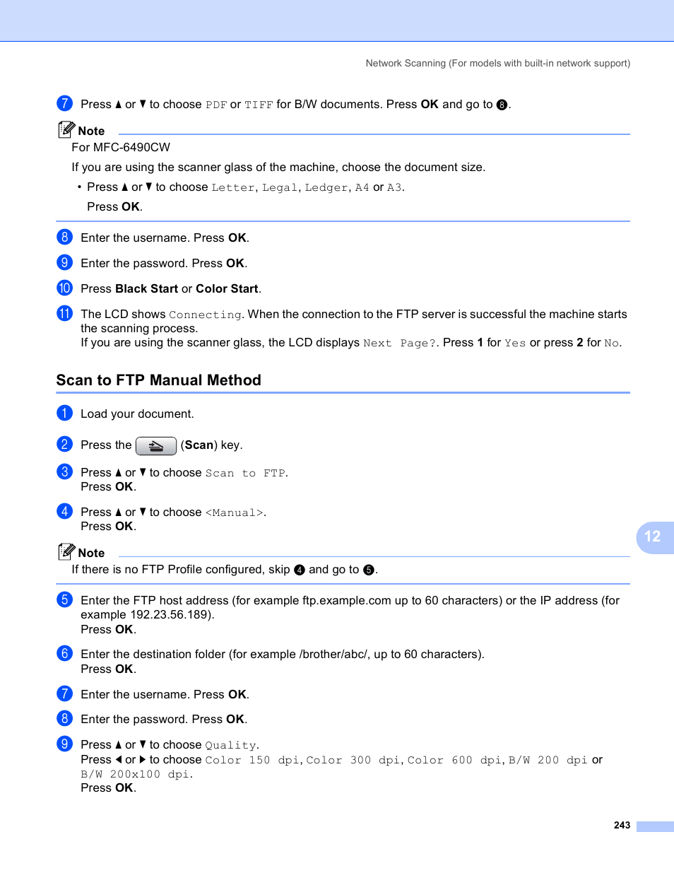 Scan to ftp manual method | Brother MFC-5895CW User Manual | Page 251 / 269