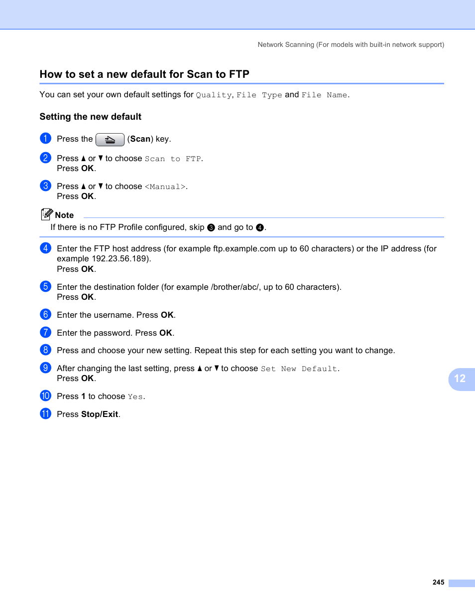 How to set a new default for scan to ftp, Setting the new default, 12 how to set a new default for scan to ftp | Brother MFC-5895CW User Manual | Page 253 / 269