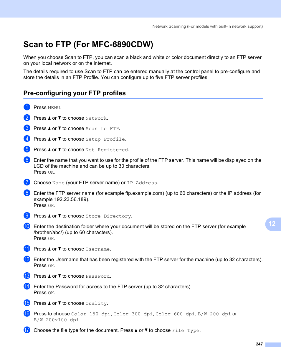 Scan to ftp (for mfc-6890cdw), Pre-configuring your ftp profiles | Brother MFC-5895CW User Manual | Page 255 / 269