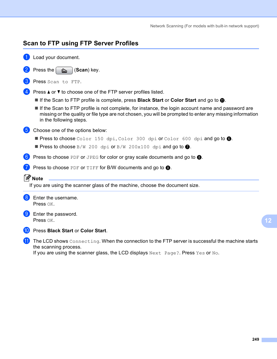 Scan to ftp using ftp server profiles | Brother MFC-5895CW User Manual | Page 257 / 269