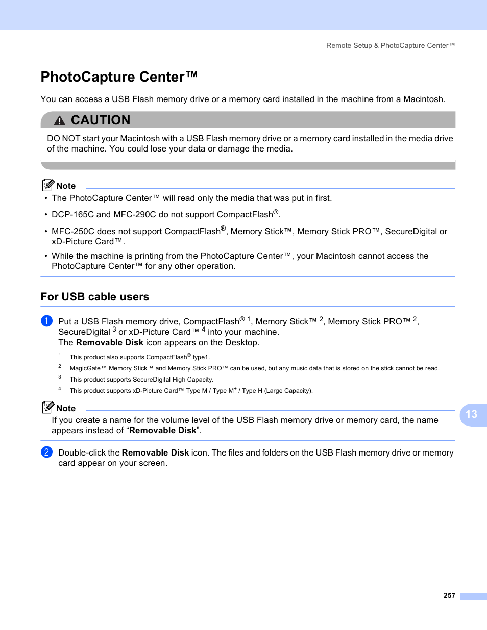 Photocapture center, For usb cable users, Caution | Brother MFC-5895CW User Manual | Page 265 / 269