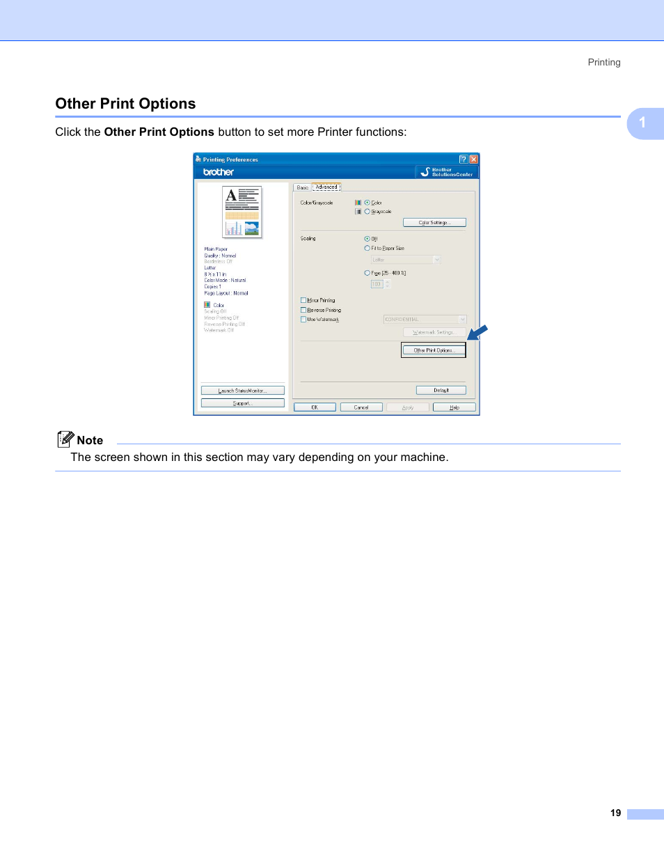 Other print options, 1other print options | Brother MFC-5895CW User Manual | Page 27 / 269