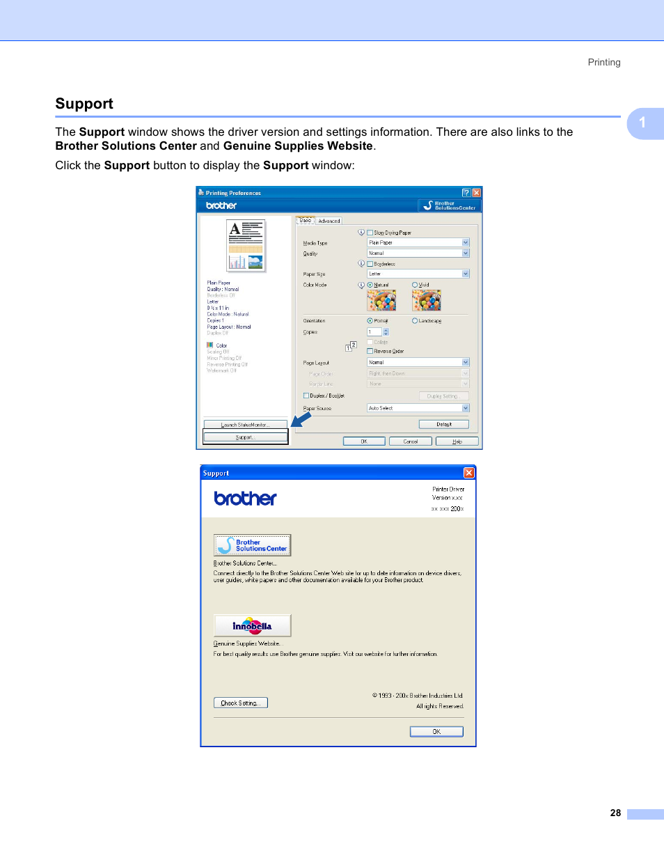 Support, 1support | Brother MFC-5895CW User Manual | Page 36 / 269
