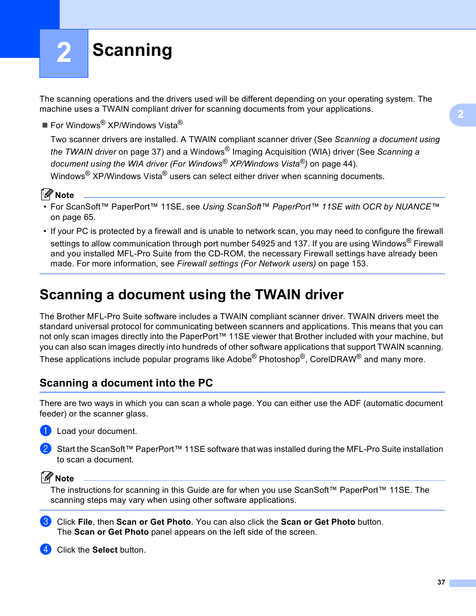 2 scanning, Scanning a document using the twain driver, Scanning a document into the pc | Scanning | Brother MFC-5895CW User Manual | Page 45 / 269