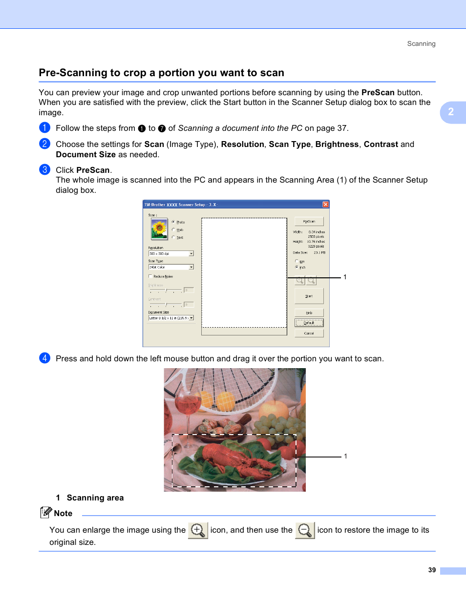 Pre-scanning to crop a portion you want to scan, 2pre-scanning to crop a portion you want to scan | Brother MFC-5895CW User Manual | Page 47 / 269