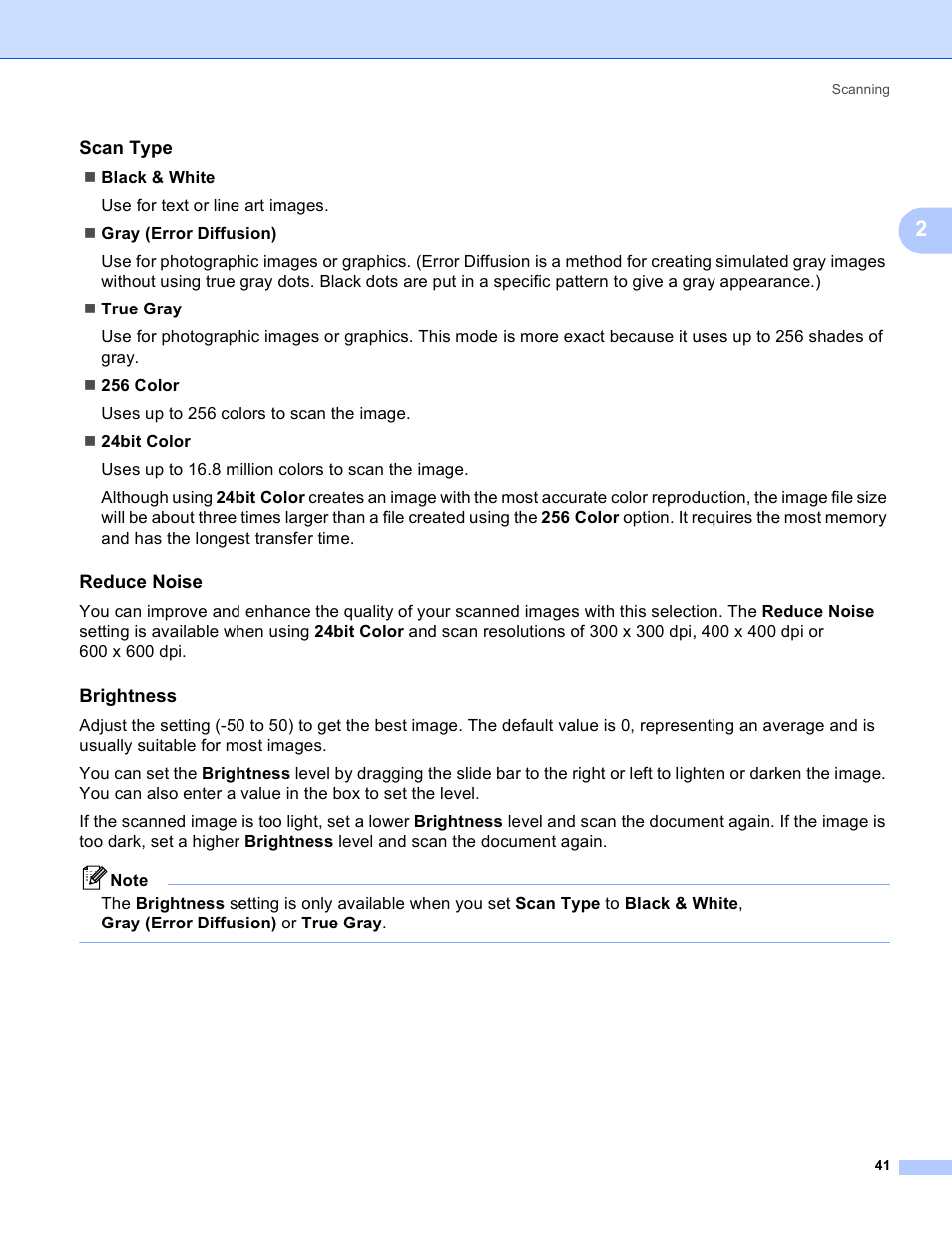 Scan type, Reduce noise, Brightness | Brother MFC-5895CW User Manual | Page 49 / 269