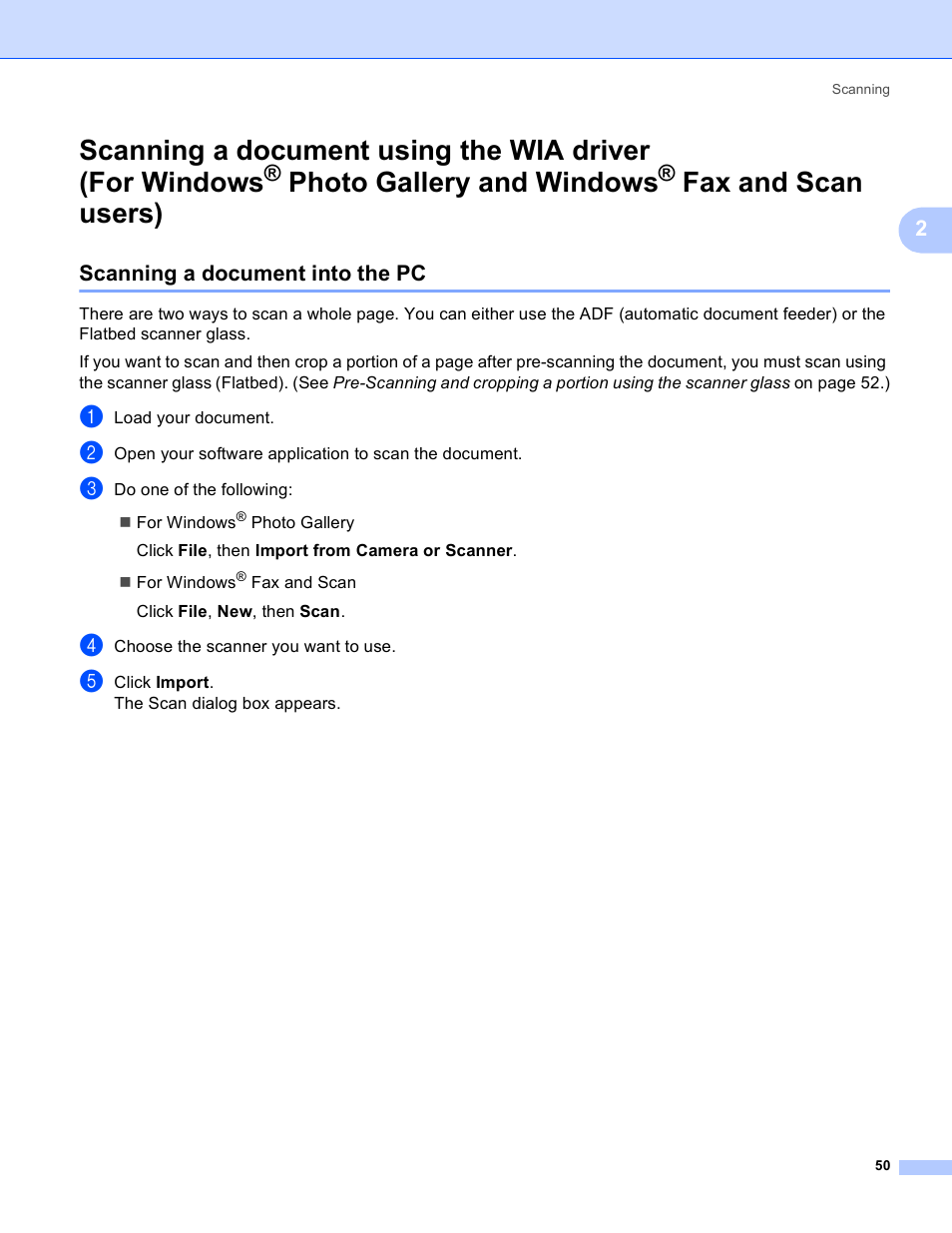 Scanning a document into the pc, Scanning a document using the wia driver, For windows | Photo gallery and windows, Fax and scan users) | Brother MFC-5895CW User Manual | Page 58 / 269