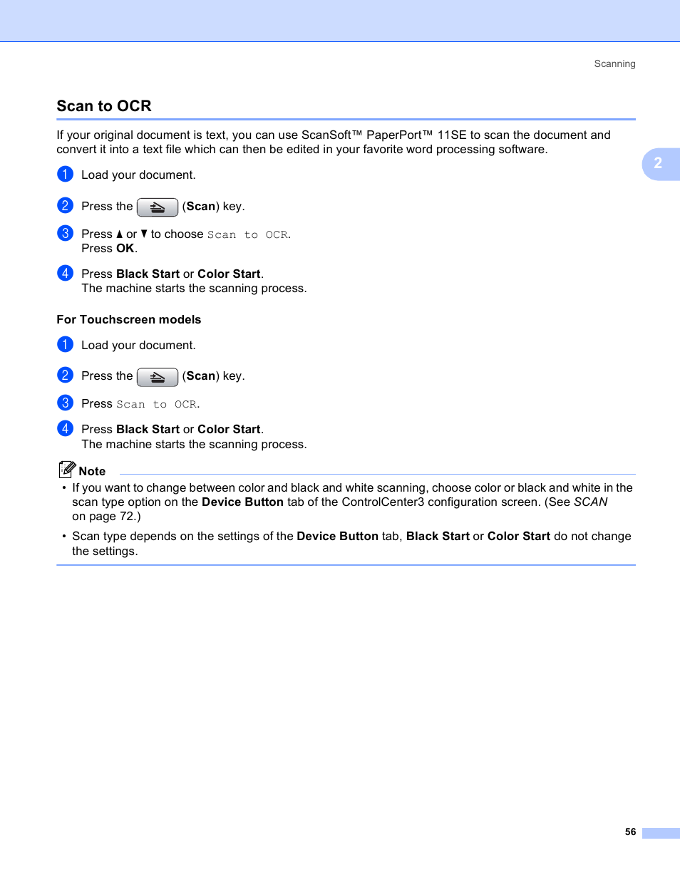 Scan to ocr, 2scan to ocr | Brother MFC-5895CW User Manual | Page 64 / 269