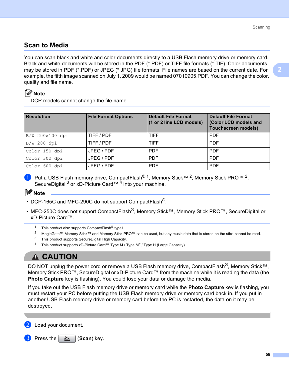 Scan to media, Caution, 2scan to media | Brother MFC-5895CW User Manual | Page 66 / 269