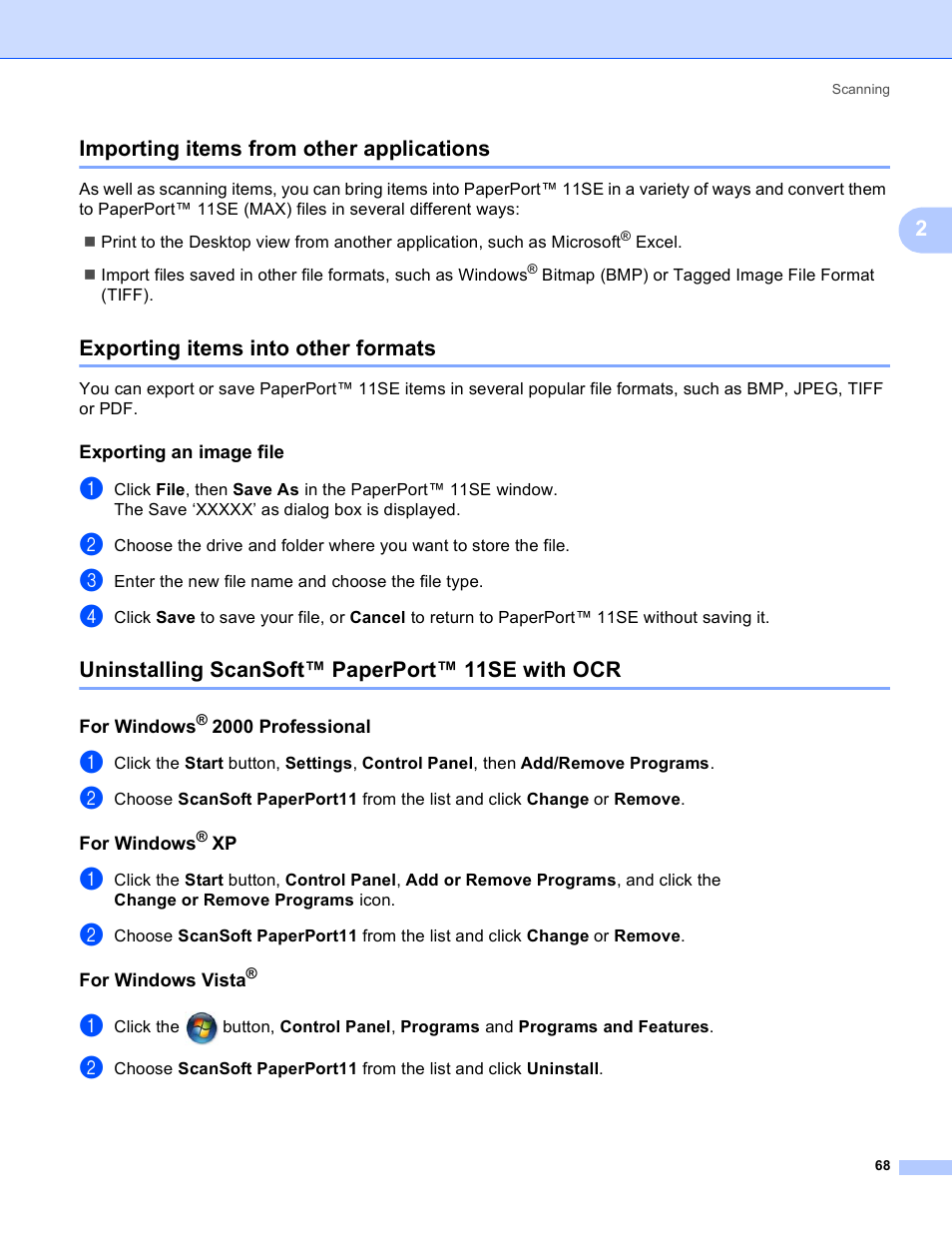 Importing items from other applications, Exporting items into other formats, Exporting an image file | Uninstalling scansoft™ paperport™ 11se with ocr, For windows® 2000 professional, For windows® xp, For windows vista, 2importing items from other applications | Brother MFC-5895CW User Manual | Page 76 / 269