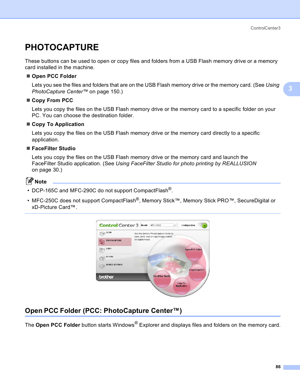 Photocapture, Open pcc folder (pcc: photocapture center™) | Brother MFC-5895CW User Manual | Page 94 / 269