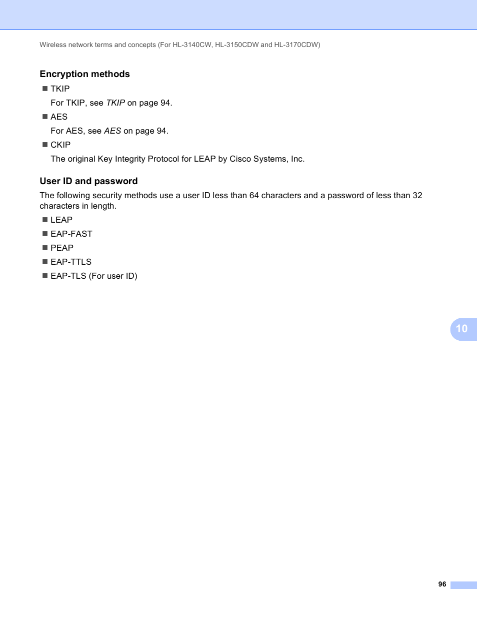 Encryption methods, User id and password | Brother HL-3140CW User Manual | Page 102 / 117