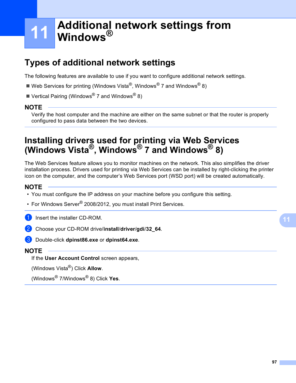 11 additional network settings from windows, Types of additional network settings, Additional network settings from windows | Windows vista, Windows, 7 and windows | Brother HL-3140CW User Manual | Page 103 / 117