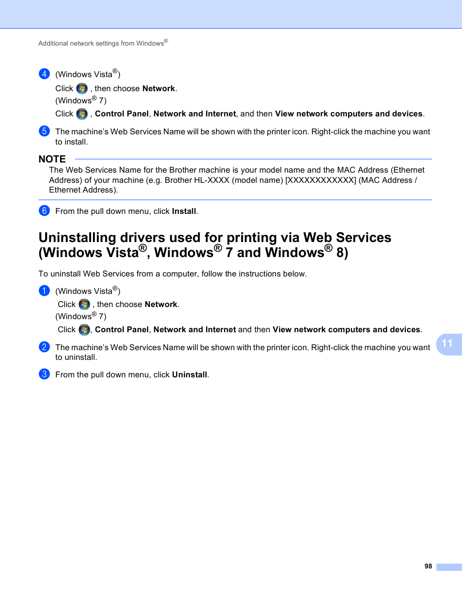 Windows vista, Windows, 7 and windows | Brother HL-3140CW User Manual | Page 104 / 117