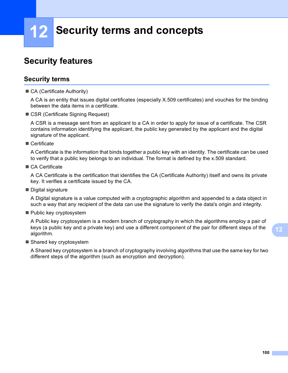 12 security terms and concepts, Security features, Security terms | Security terms and concepts | Brother HL-3140CW User Manual | Page 106 / 117