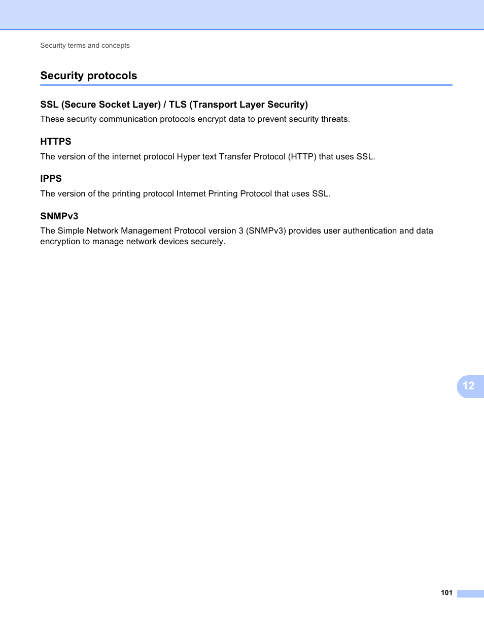 Security protocols, Https, Ipps | Snmpv3, 12 security protocols | Brother HL-3140CW User Manual | Page 107 / 117