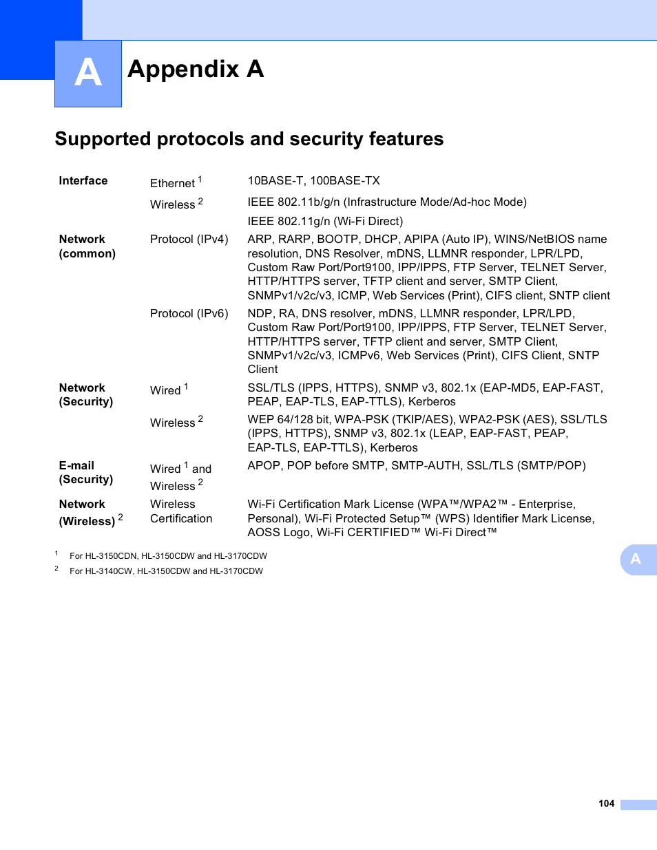 A appendix a, Supported protocols and security features, Appendix a | Brother HL-3140CW User Manual | Page 110 / 117