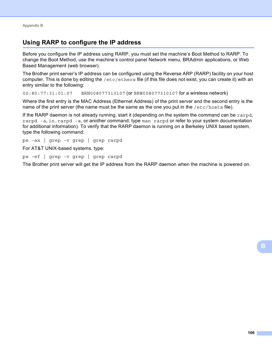 Using rarp to configure the ip address, Busing rarp to configure the ip address | Brother HL-3140CW User Manual | Page 112 / 117