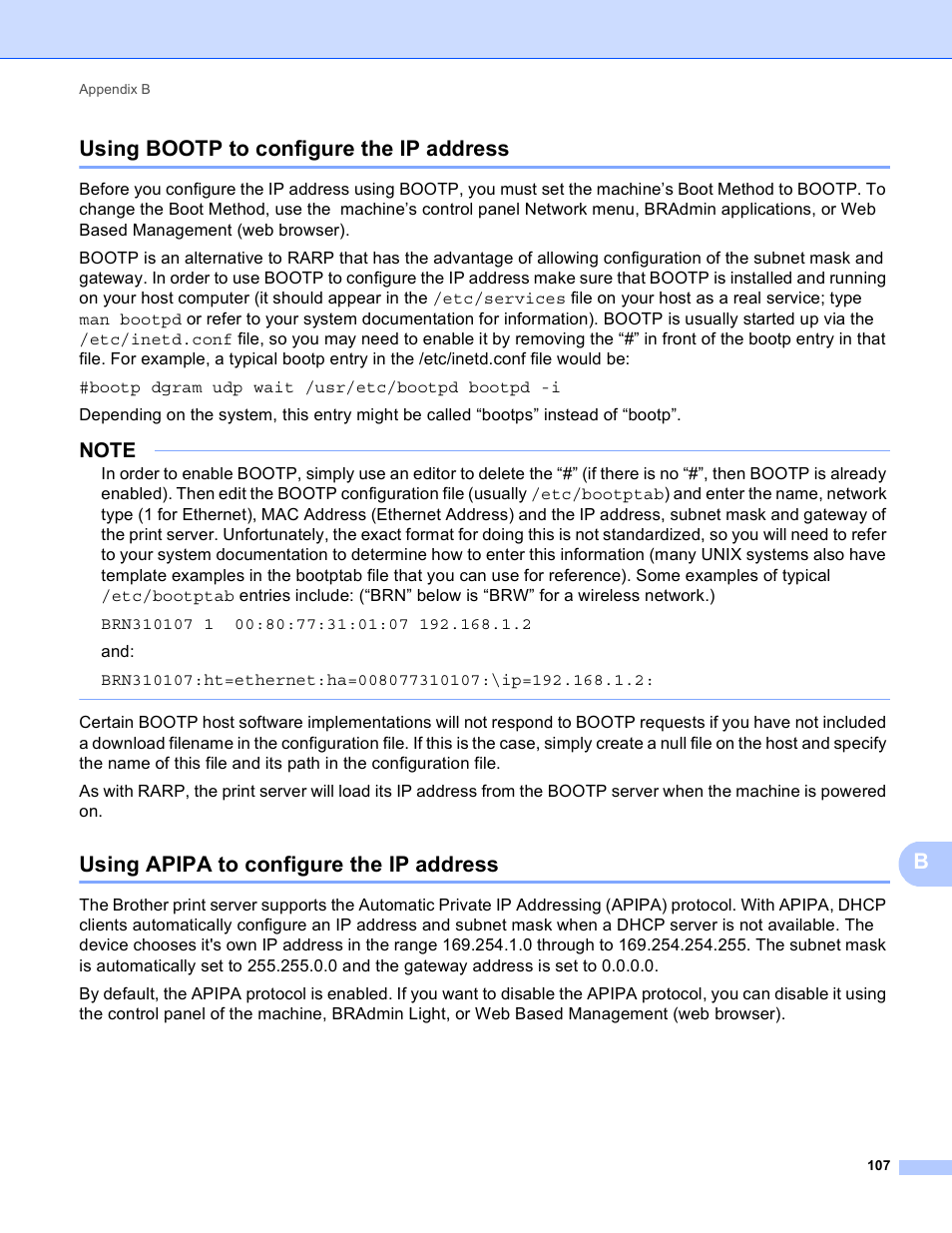 Using bootp to configure the ip address, Using apipa to configure the ip address, Busing bootp to configure the ip address | Brother HL-3140CW User Manual | Page 113 / 117