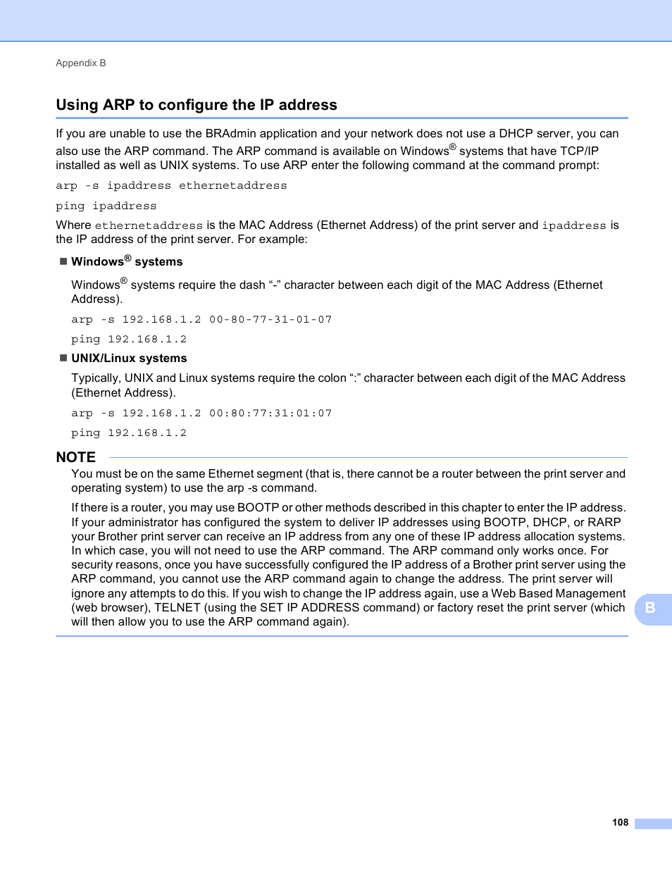 Using arp to configure the ip address, Busing arp to configure the ip address | Brother HL-3140CW User Manual | Page 114 / 117