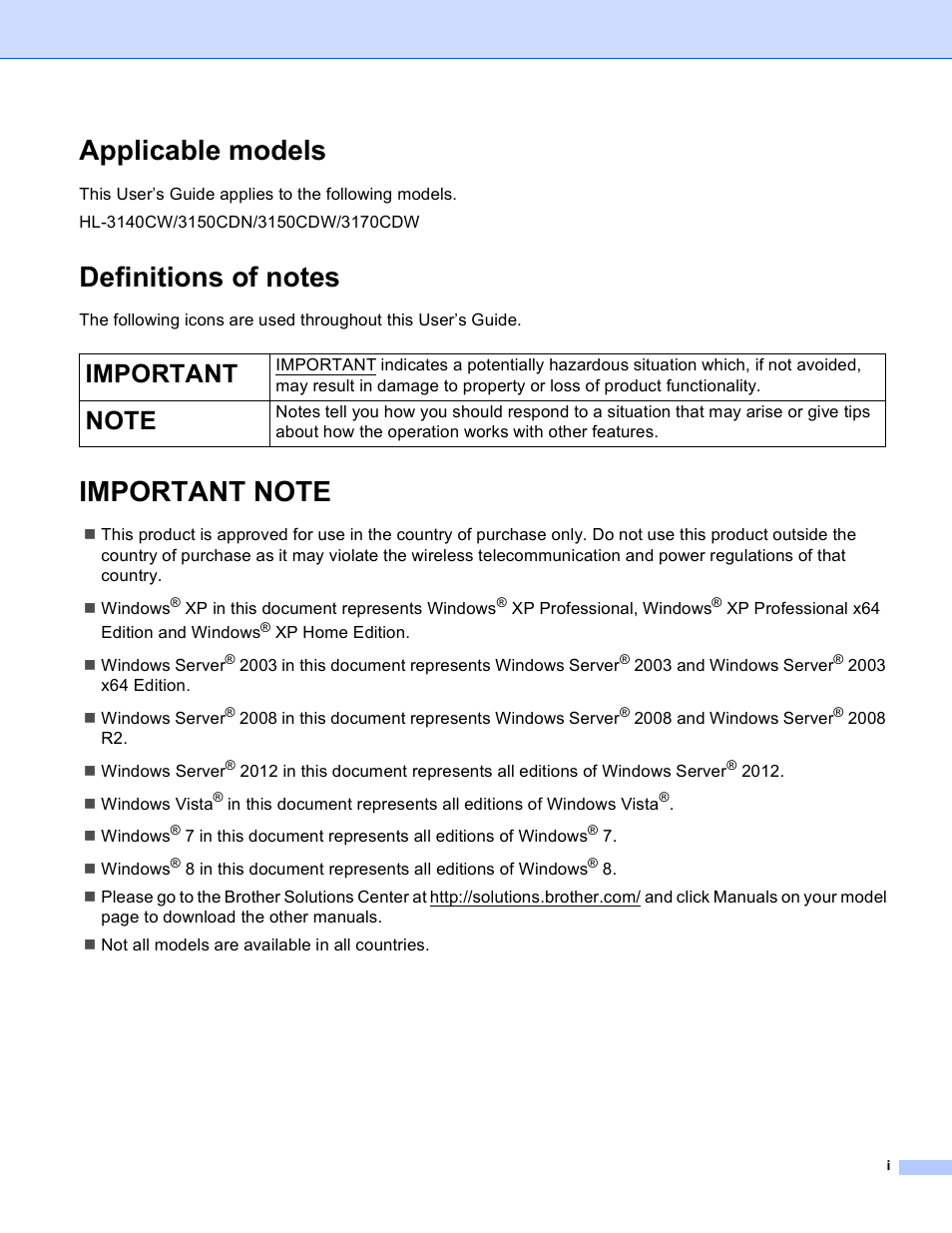 Applicable models, Definitions of notes, Important note | Important | Brother HL-3140CW User Manual | Page 2 / 117