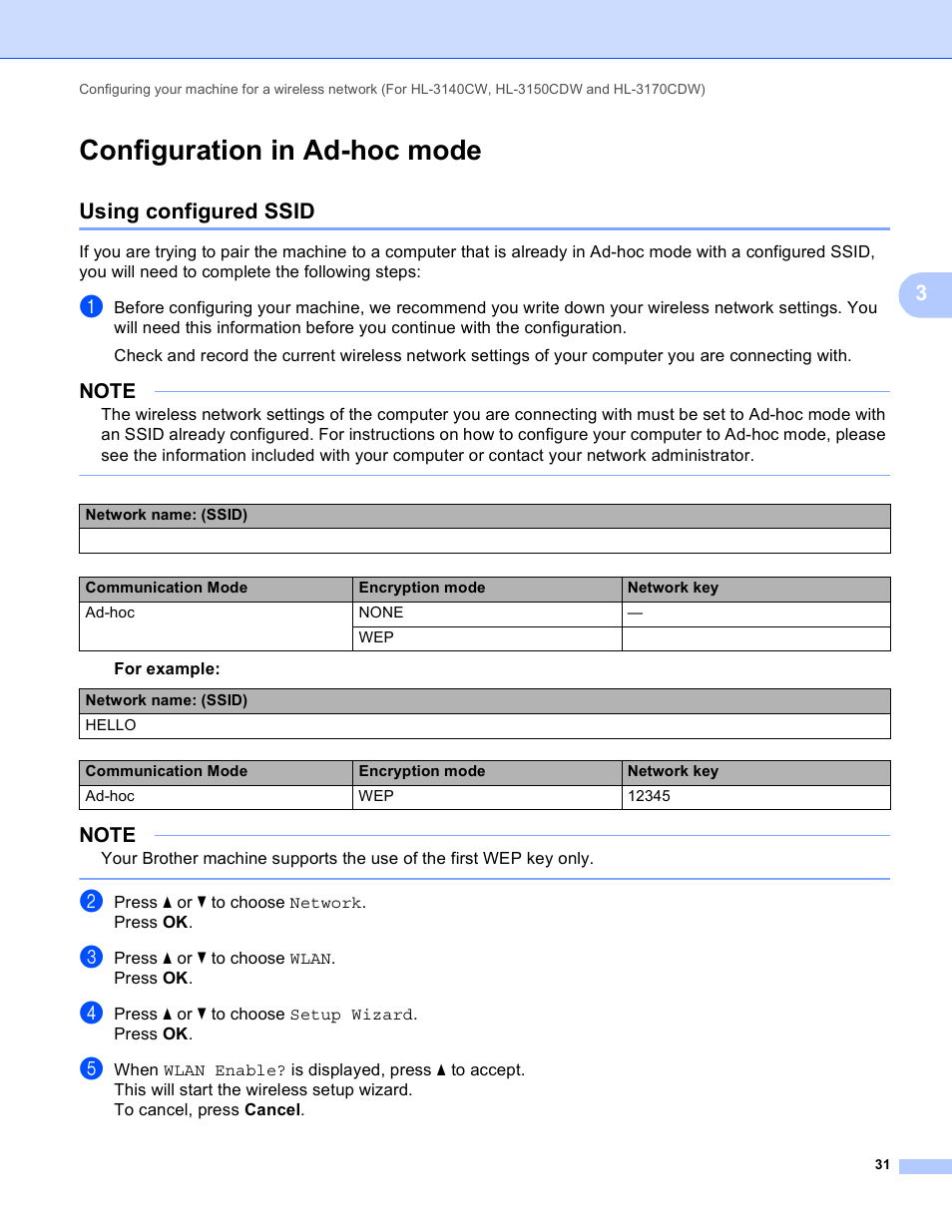 Configuration in ad-hoc mode, Using configured ssid | Brother HL-3140CW User Manual | Page 37 / 117