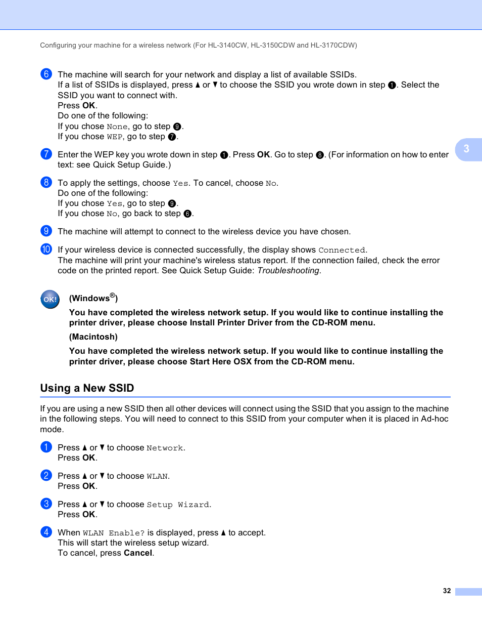 Using a new ssid | Brother HL-3140CW User Manual | Page 38 / 117