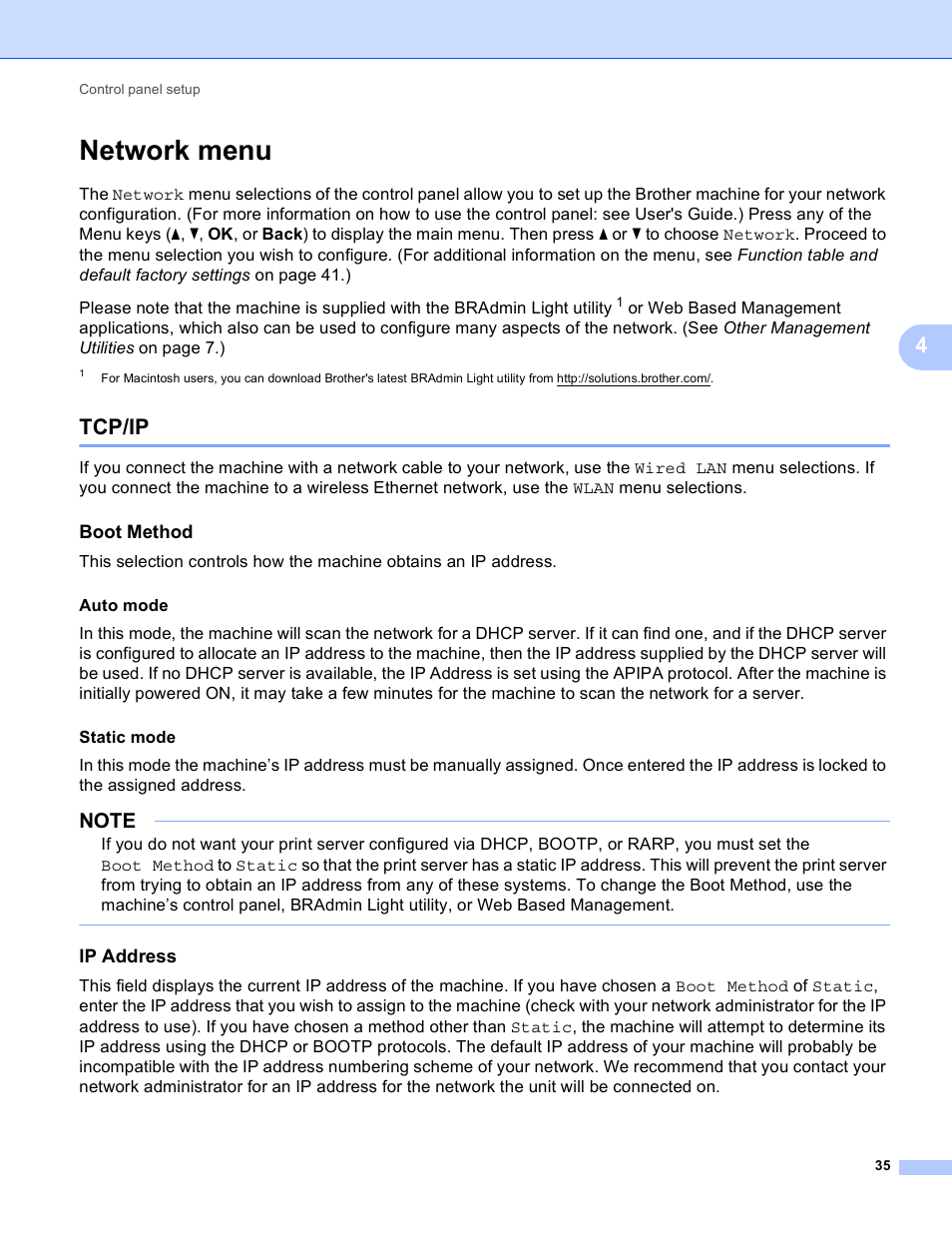 Network menu, Tcp/ip, Boot method | Ip address | Brother HL-3140CW User Manual | Page 41 / 117