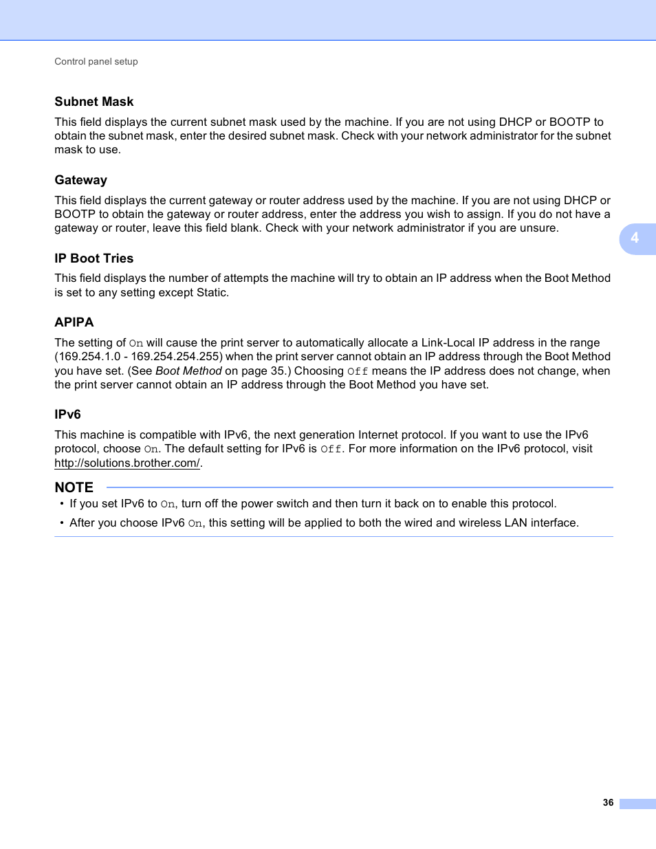 Subnet mask, Gateway, Ip boot tries | Apipa, Ipv6 | Brother HL-3140CW User Manual | Page 42 / 117