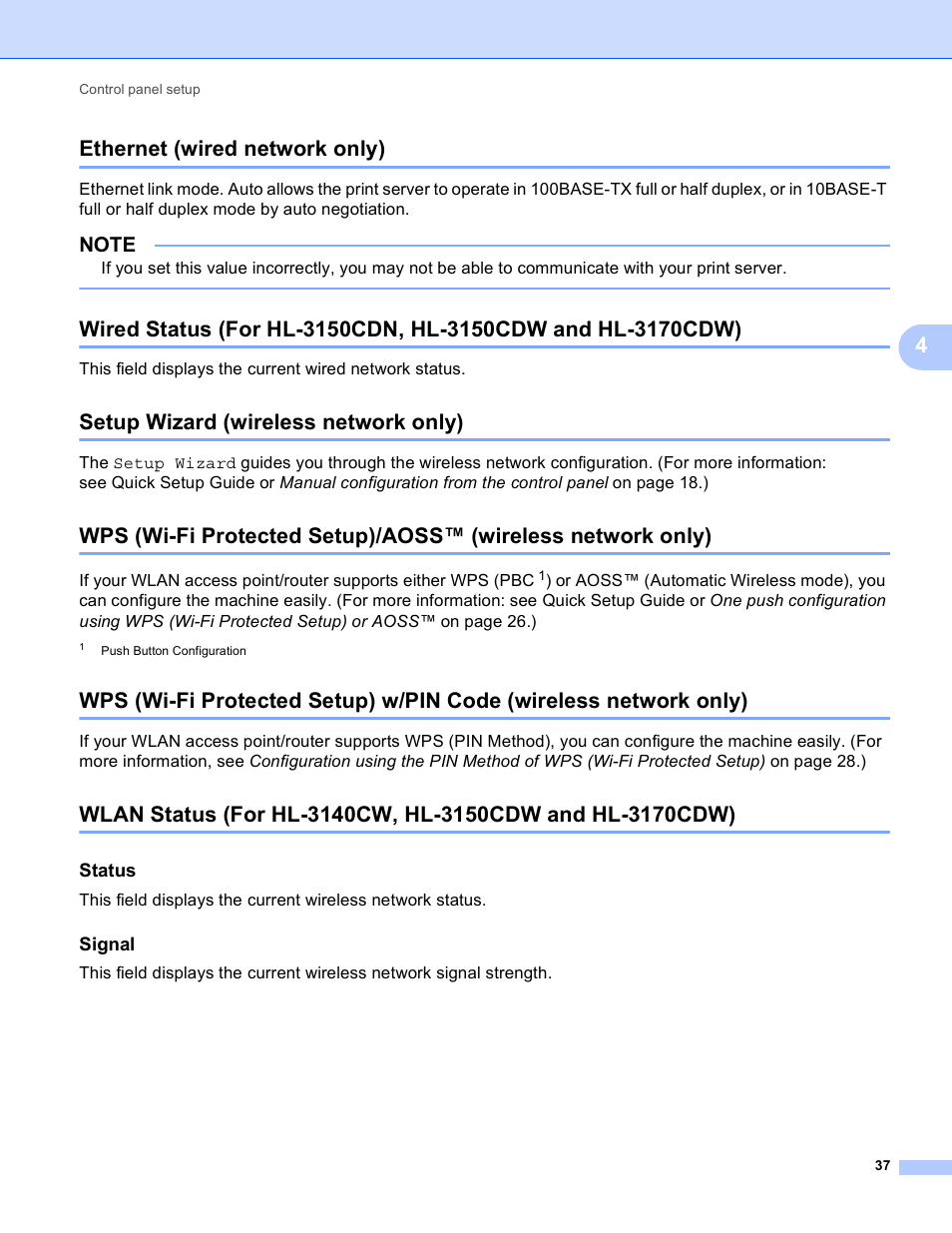 Ethernet (wired network only), Setup wizard (wireless network only), Status | Signal, 4ethernet (wired network only) | Brother HL-3140CW User Manual | Page 43 / 117