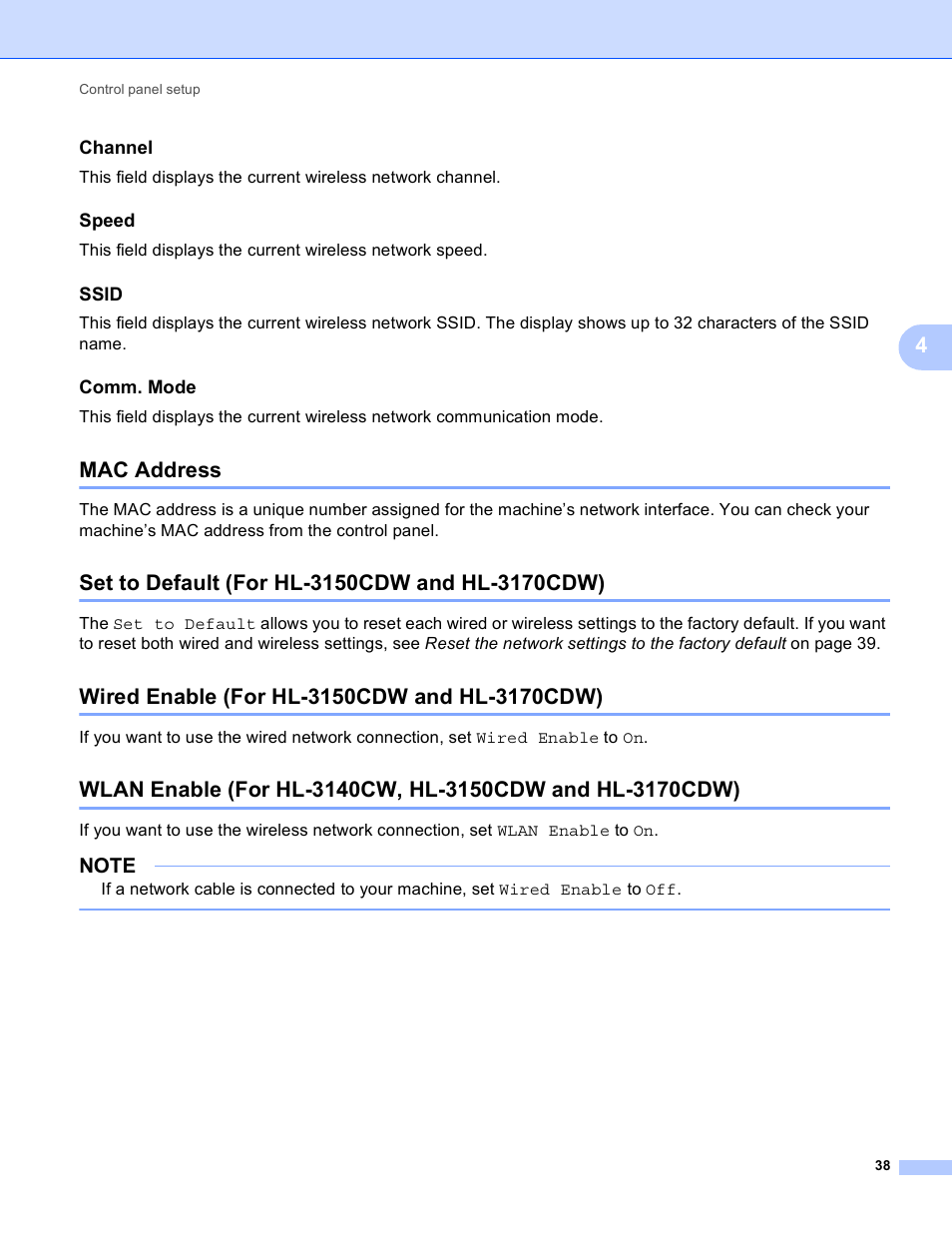 Channel, Speed, Ssid | Comm. mode, Mac address, Set to default (for hl-3150cdw and hl-3170cdw), Wired enable (for hl-3150cdw and hl-3170cdw) | Brother HL-3140CW User Manual | Page 44 / 117