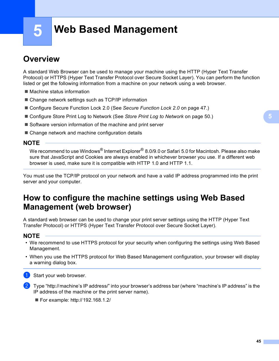 5 web based management, Overview, Web based management | Brother HL-3140CW User Manual | Page 51 / 117