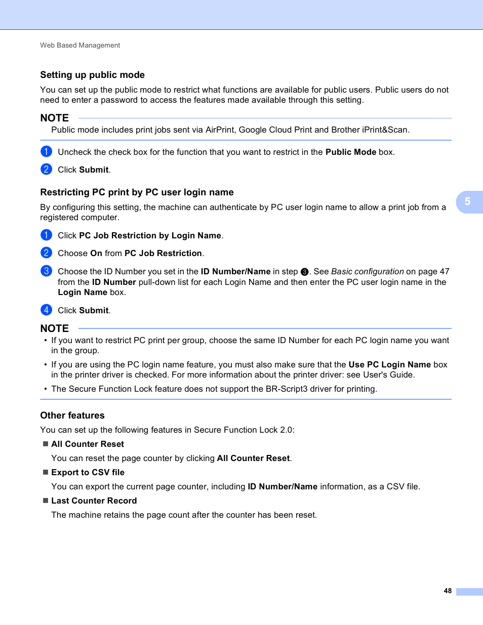 Setting up public mode, Restricting pc print by pc user login name, Other features | Brother HL-3140CW User Manual | Page 54 / 117