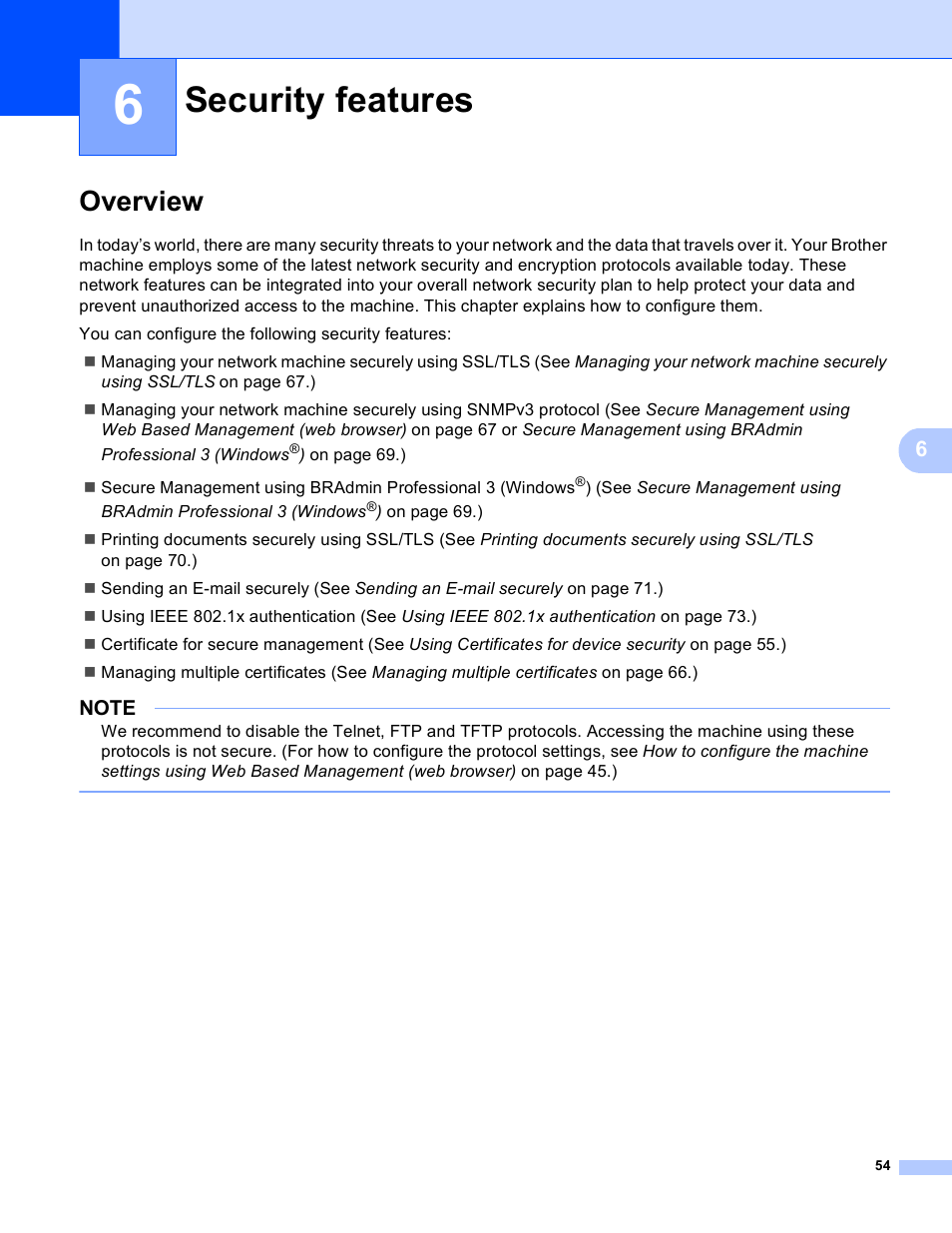 6 security features, Overview, Security features | Brother HL-3140CW User Manual | Page 60 / 117