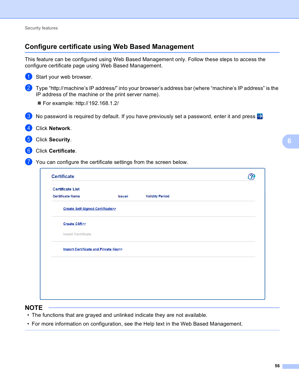Configure certificate using web based management, 6configure certificate using web based management | Brother HL-3140CW User Manual | Page 62 / 117